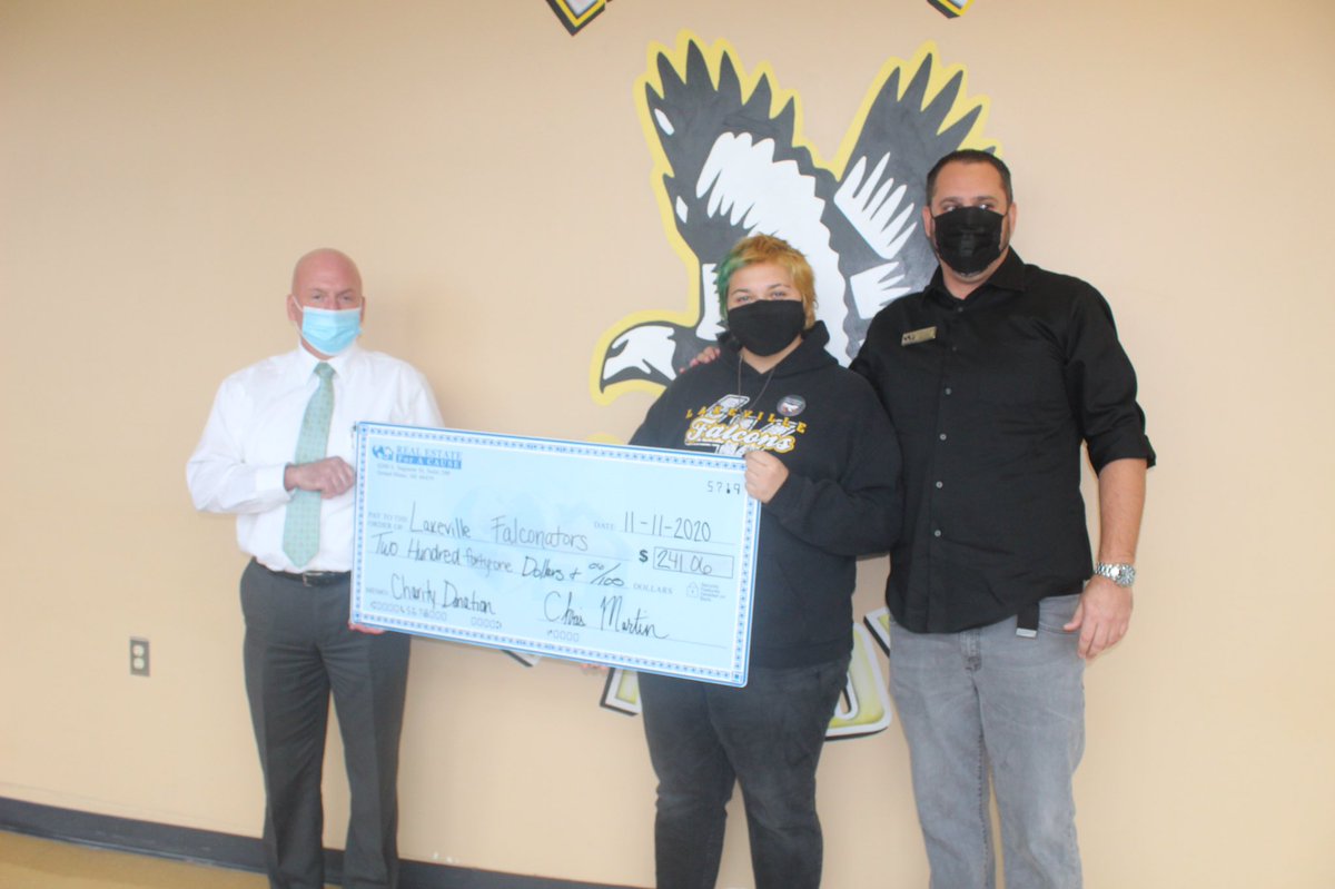 LakevilleHigh's tweet photo. Falcon Nation!  Let’s give Mr. Martin of Real Estate For A Cause and the Hammond family a huge thank you for facilitating donations to both the LakeVille Athletic Boosters and Robotics Club!  Go Falcons!!!💯💪🏼 https://t.co/Veo6ooVFRJ