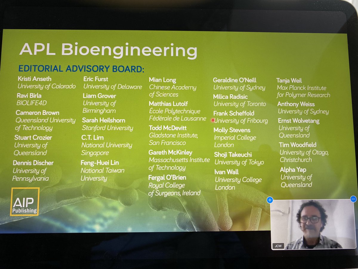 fjobrien's tweet photo. Very informative Editorial Advisory Board meeting of #APLBioengineering. Exciting plans for 2021. Well done @JustinCooperWh1 &amp; Team. Great to see so many distinguished friends &amp; colleagues from many time zones across the globe!    @AIP_Publishing https://t.co/0ZpfZ6rXsq