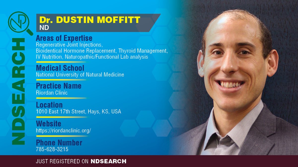 NDsearch's tweet photo. NDsearch is thrilled to welcome Dr Dustin Moffitt! Patients in the vicinity of #Hays, #Kansas can be seen for #regenerative joint injections, #pain management, #sports rehabilitation, #chronicillness , #functionalmedicine, #weightloss .
#ndsearch #naturopathicmedicine @NUNM_EDU https://t.co/GI8hpiMita