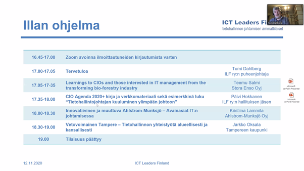 ICT_Leaders's tweet photo. #CIO -ilta 2020 alkamassa, tosin etänä tällä kertaa. Tiedossa erinomainen setti asiaa. #ILF #HyvääITJohtamista #MerkityksellisiäKohtaamisia https://t.co/Y7VBo8KpQV