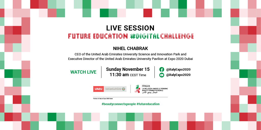 ItalyExpo2025's tweet image. L’#Education del futuro al centro della prossima live session della #DigitalChallenge di Padiglione Italia 🇮🇹 a #Expo2020 #Dubai 📚 👉 bit.ly/35nB7XP
#ItalyExpo2020 #labellezzauniscelepersone #formazione #studenti #futureeducation @UAEU_NEWS