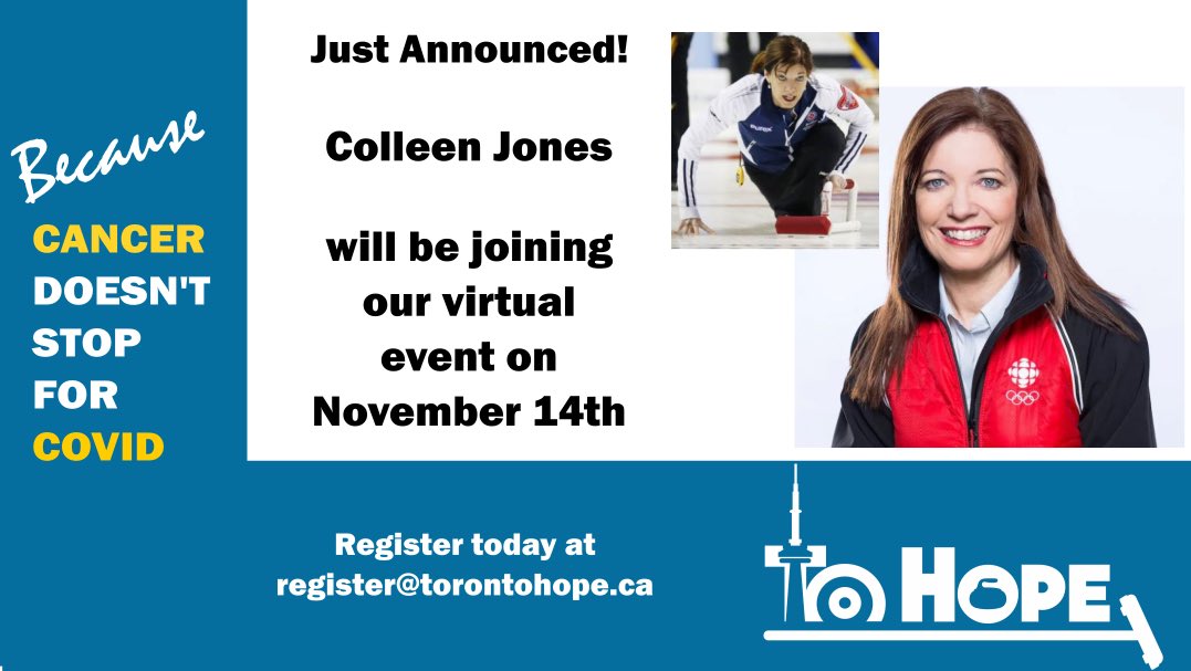 TOhopecurling's tweet photo. We are thrilled to have Colleen Jones joining our virtual event this Saturday! Be sure to get your tickets and join us too! Contact us for the details: info@torontohope.ca
#tohope2020 #torontohopecurling #fundraiserevent #charityfundraiser #wethehope #torontocurling #curling https://t.co/XkoBoUKu0C