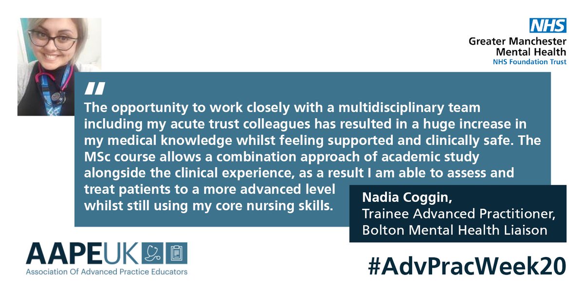GMMH_NHS's tweet photo. Meet @NadiaXx15, another of our Trainee Advanced Practitioners working in Mental Health Liaison! She shares what being a trainee has meant to her and what it's like working and studying at the same time. Read more: https://t.co/on1j6rpbCL
#AdvPrac20 #AdvancingPractice2020 https://t.co/i6vKTIZxek