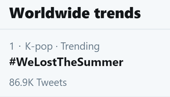 TXTCHART_KR's tweet photo. .@TXT_members #WeLostTheSummer" is now trending at #1 Worldwide with 86.9K tweets🔥 https://t.co/3jmmlEj6tl