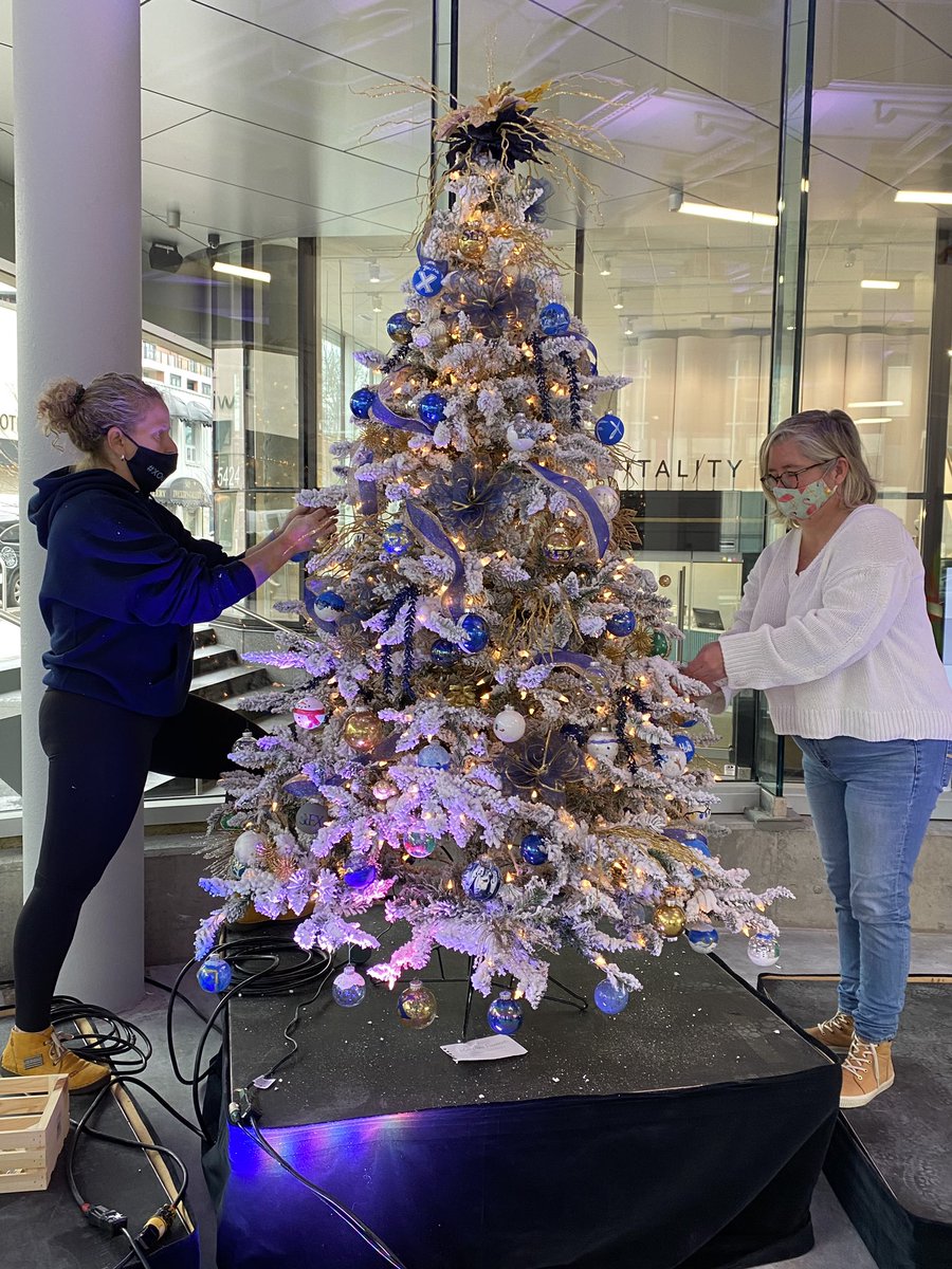 StFXAlumni's tweet photo. Alumni @kg1989_karen and Marybeth Fleming put the final touches on our @stfxuniversity & OT Health INC. tree for the @MentalHealthNS - complete with hand painted ornament by our students. Trees will be available for viewing in the rotunda of #TheDoyle Nov 14-28 #hailandhealth https://t.co/8OIoqT0mei