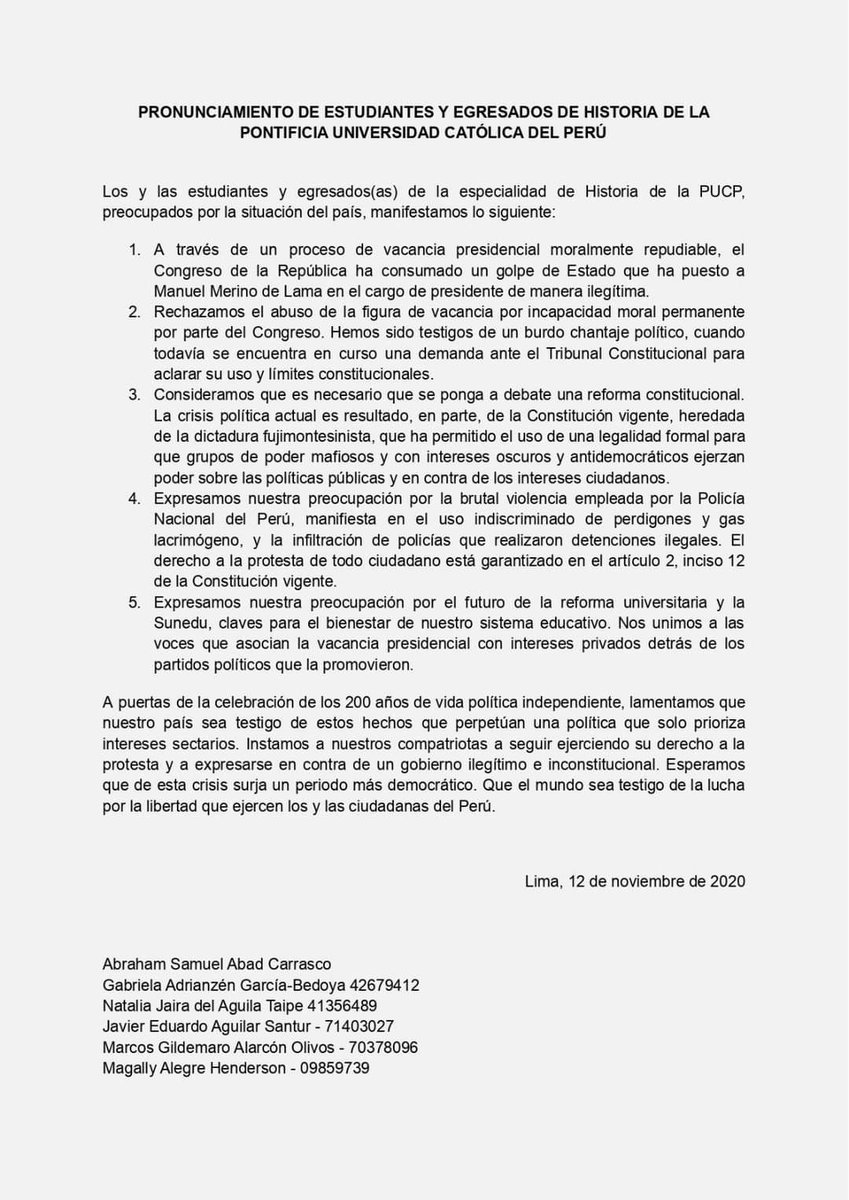 ap_muto's tweet image. Los y las estudiantes, egresados y docentes de Historia PUCP nos pronunciamos frente al golpe de Estado, el uso de la violencia por parte de la policía y la necesidad de una reforma constitucional que lleve a una Asamblea Constituyente Popular.