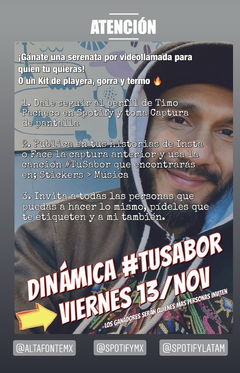 Participa en la dinámica de <a href="/timopachecomx/">Timo Pacheco</a> y GÁNATE UNA SERENATA por Videollamada 🔥
<a href="/SpotifyMexico/">Spotify Mexico</a> @altafontemx <a href="/Spotify_LATAM/">Spotify LATAM</a>