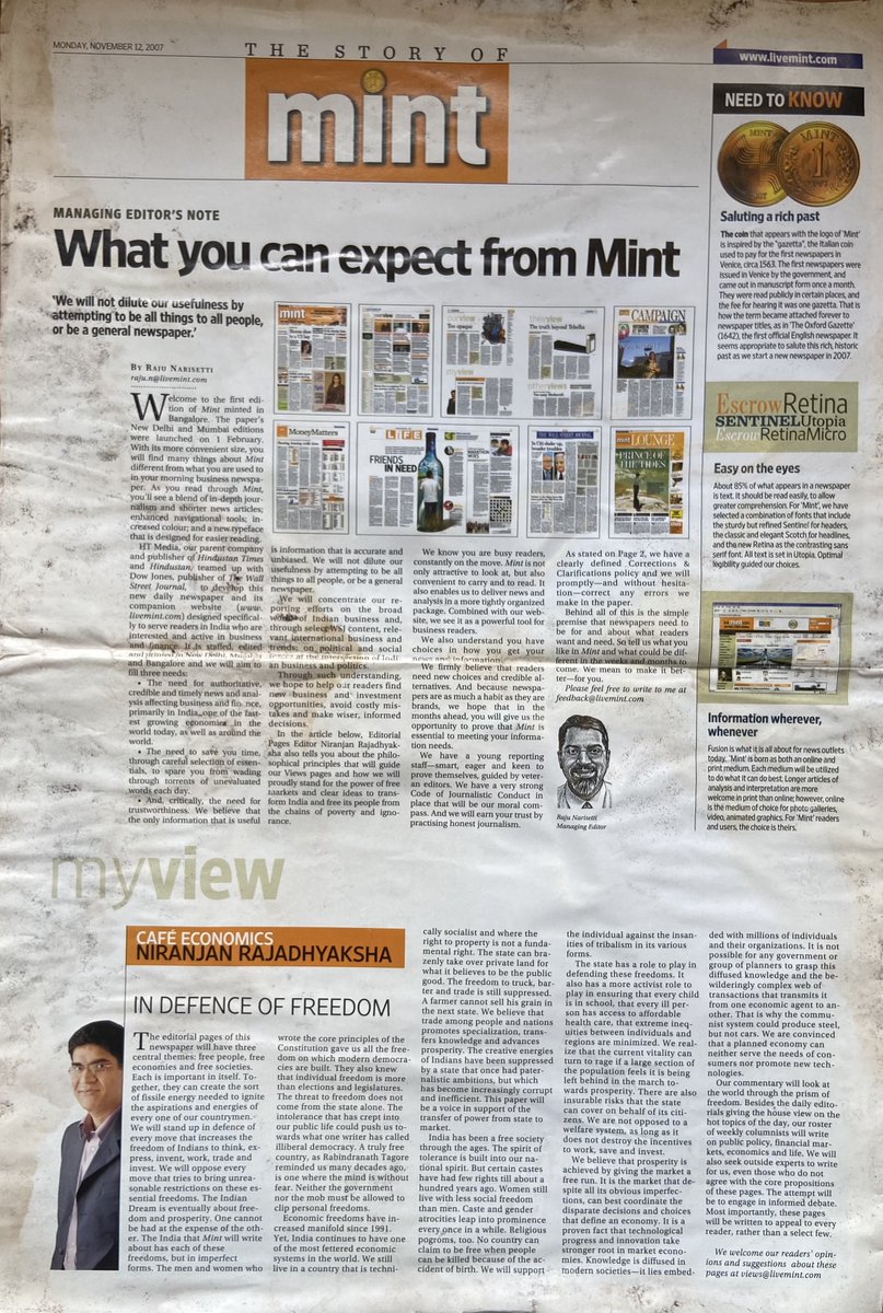 On Nov 12th, 2007  @livemint finally arrived in BLR! I didn’t have to check into the Taj or Oberoi to read it ;)  @raju, the founding editor (great to see him now  @McKinsey, my alma mater), &  @CafeEconomics wrote excellent perspectives on the philosophy of Mint. I was sold. 4/16