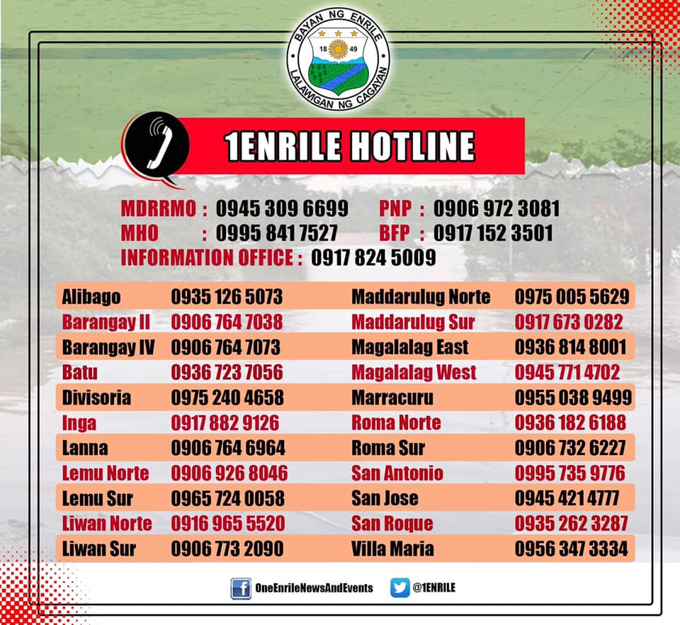 1Enrile's tweet photo. Dear Enrileños, dito po tayo tumawag or mag text para sa sitwasyon na kailangan natin ng rescue. Pero huwag po nating iaasa lahat sa mga LGU Enrile Responders natin, mag pre-emptive evacuation na yung nangangailangan.  Lumikas habang maaga. https://t.co/q3UUK8Z7mo