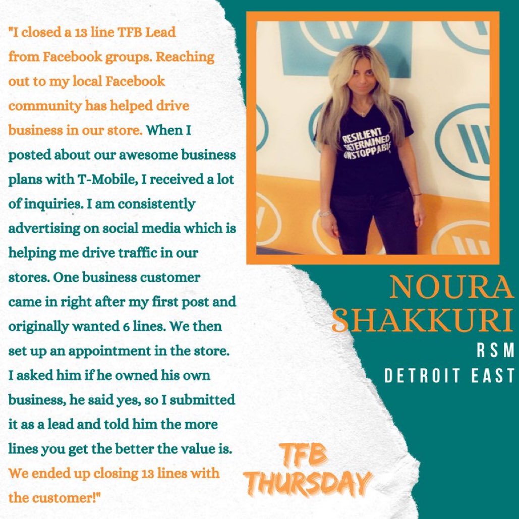 leithsawa's tweet photo. It’s great to see our RSM Noura maximizing her social media to drive traffic in her store and #TakeCareOfBusiness. What a great success story. Keep up the great work Noura! #GirlBoss #ALLIN #TFB @WirelessVision @MarioJacksonWV @KalvenMatti @aarontubbs_ @JRojas537 @SByrneDoyle https://t.co/h5YxNMHP33