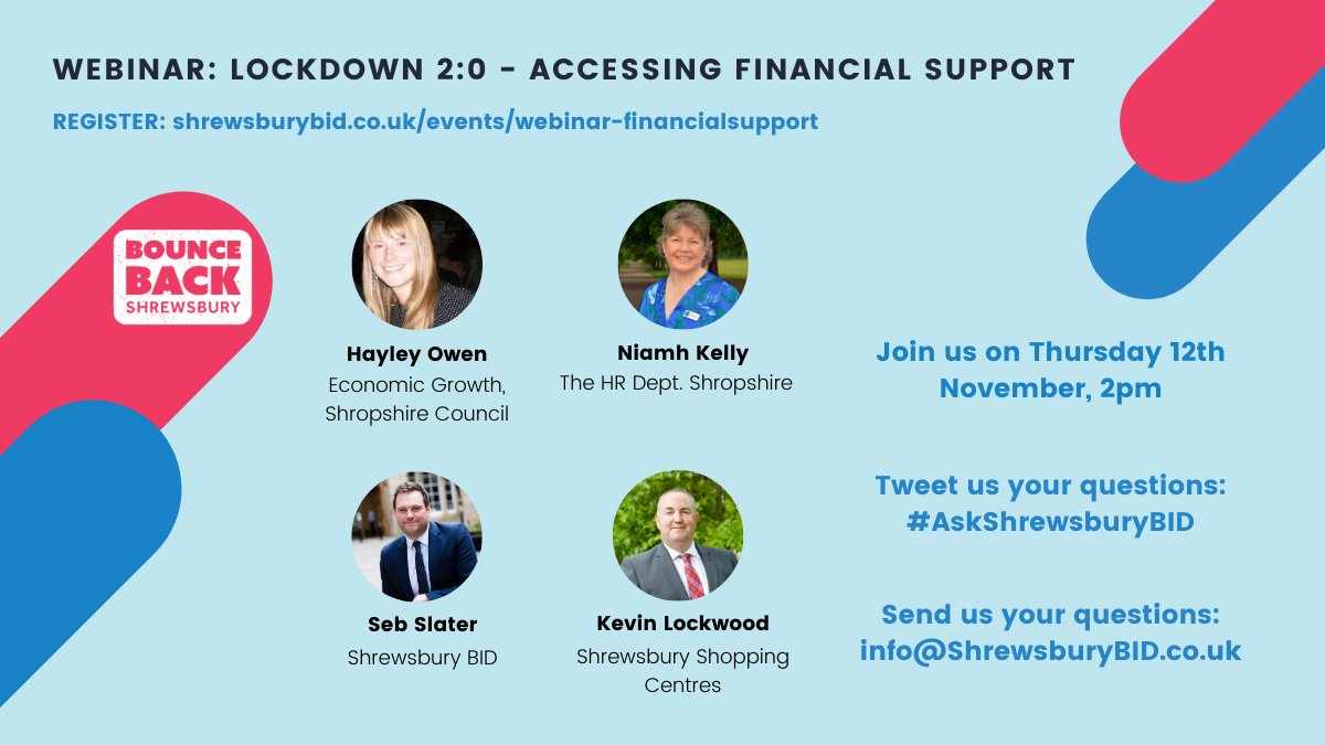 ShrewsburyBID's tweet photo. You can now listen back to our latest Business Support Webinar - Lockdown 2: Accessing Financial Support & Advice for Employers https://t.co/rqIHXRGo85 @HRDeptShrop @shop_shrewsbury @ShropCouncil https://t.co/zTMwJkD4Yn