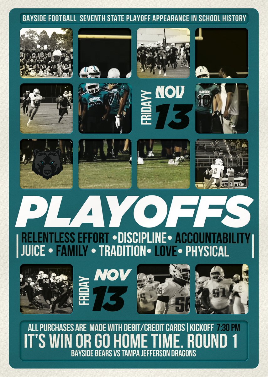 BaysideBears1's tweet photo. The #Playoffs begin tomorrow night for the #Bears! This is the #Bayside’s 7th appearance in the big dance! The #Road2States will begin at 7:30pm Friday night! It’s Bayside vs @JBOYS_FOOTBALL 

@loganbrabham2 @TahjaiGraham  @DontaviousJames @donnie_cullen @dhattboiivon https://t.co/qsMBTBzCL0