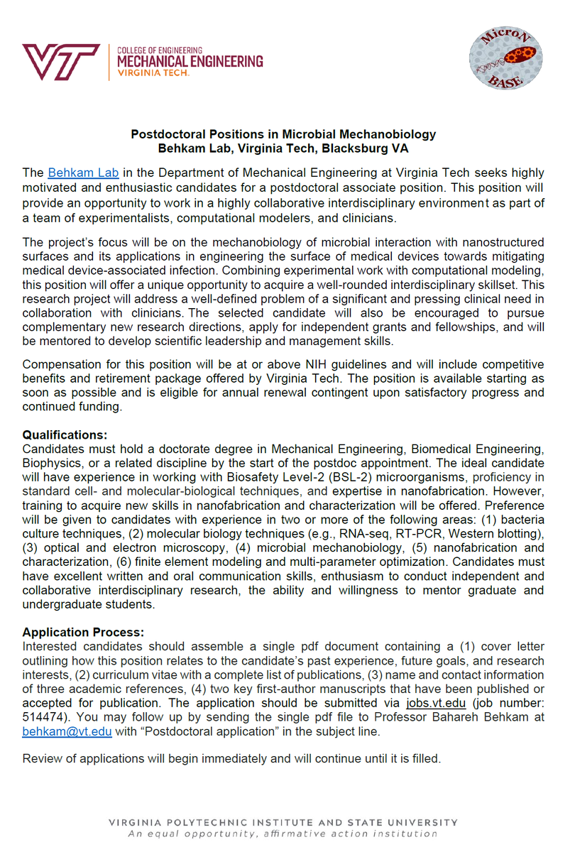 Bahareh Behkam (@bbehkam) on Twitter photo Please share! #postdoctoral associate position available in <a href="/BehkamLab/">Behkam Lab</a> for an exciting project in bacterial mechanobiology and mitigation of biofilm-associated medical device infection. Application info below 👇! #bacteria #biophysics #microbiology Please share! #postdoctoral associate position available in <a href="/BehkamLab/">Behkam Lab</a> for an exciting project in bacterial mechanobiology and mitigation of biofilm-associated medical device infection. Application info below 👇! #bacteria #biophysics #microbiology