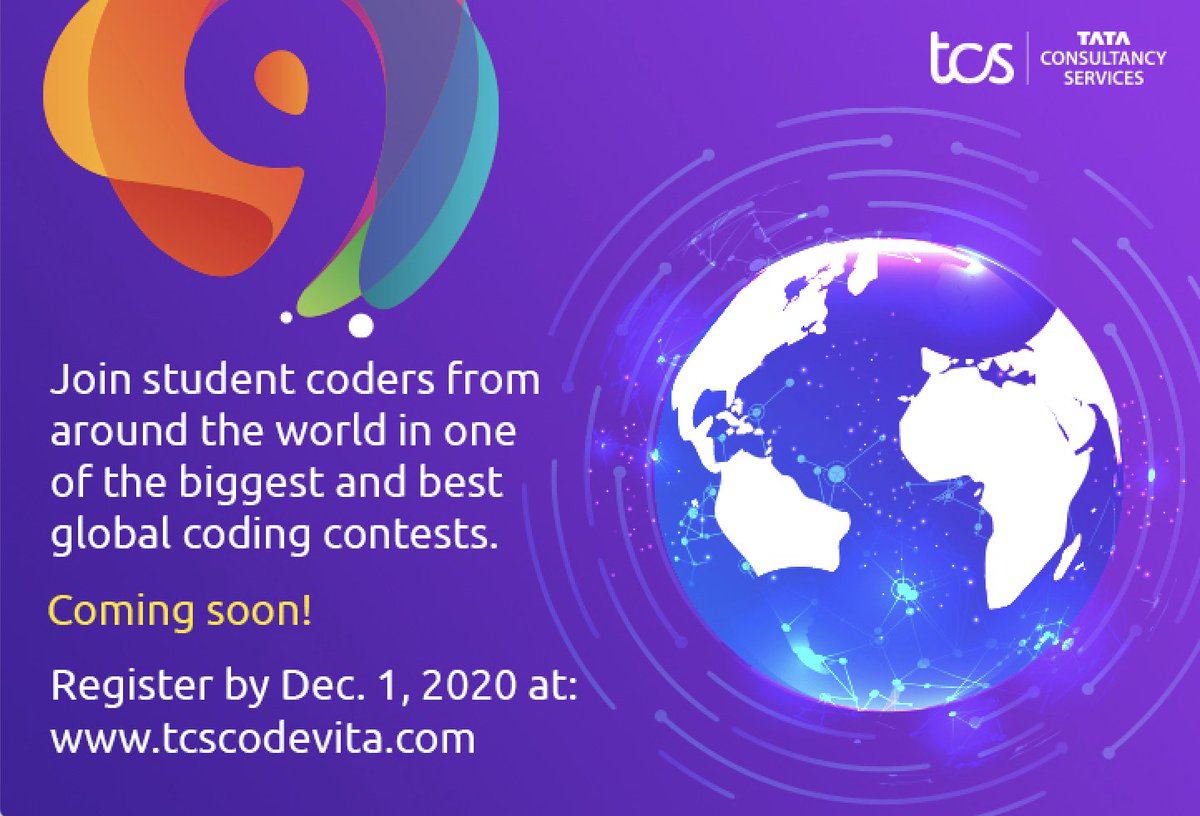 tcs_na's tweet photo. We're looking for the best college coders in the U.S. to face-off against their peers around the world in our 9th Annual #CodeVita Virtual Competition. Prize money, job & internship offers & bragging rights are up for grabs! Register today: https://t.co/5GpF8Yh0be #ExperienceTCS https://t.co/VdVxOuJ8jE