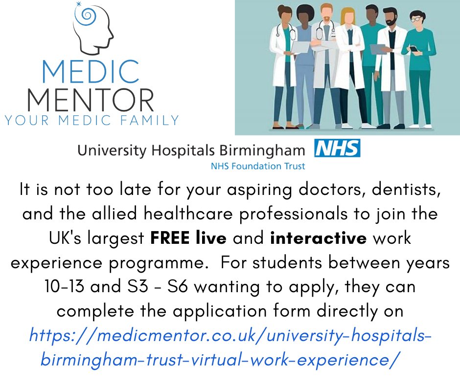 brug Kviksølv samtale Medic Mentor on Twitter: "Next week is session number two for our FREE, LIVE,  VIRTUAL work experience session, in partnership with University Hospitals  Birmingham. We may be in lockdown but we will