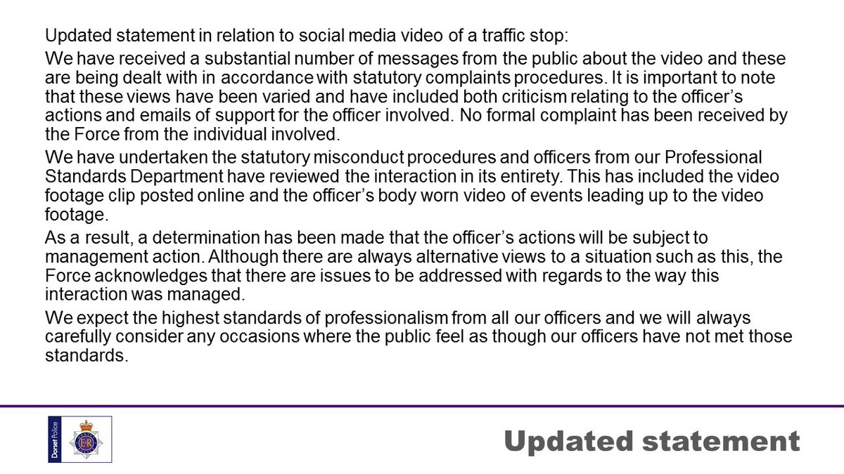 dorsetpolice's tweet photo. Updated statement in relation to video circulating on social media following a traffic stop on Friday 30 October 2020: https://t.co/PRXB395HLl