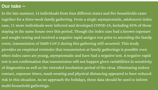 In  @CDCMMWR, Schwartz et al describe a  #COVID19 outbreak at a family gathering including members from 5 different households in 4 states. The 13-year-old index case had been exposed to  #COVID19 but had a negative rapid antigen test prior to the event. https://bit.ly/3njgRwV&nbsp;