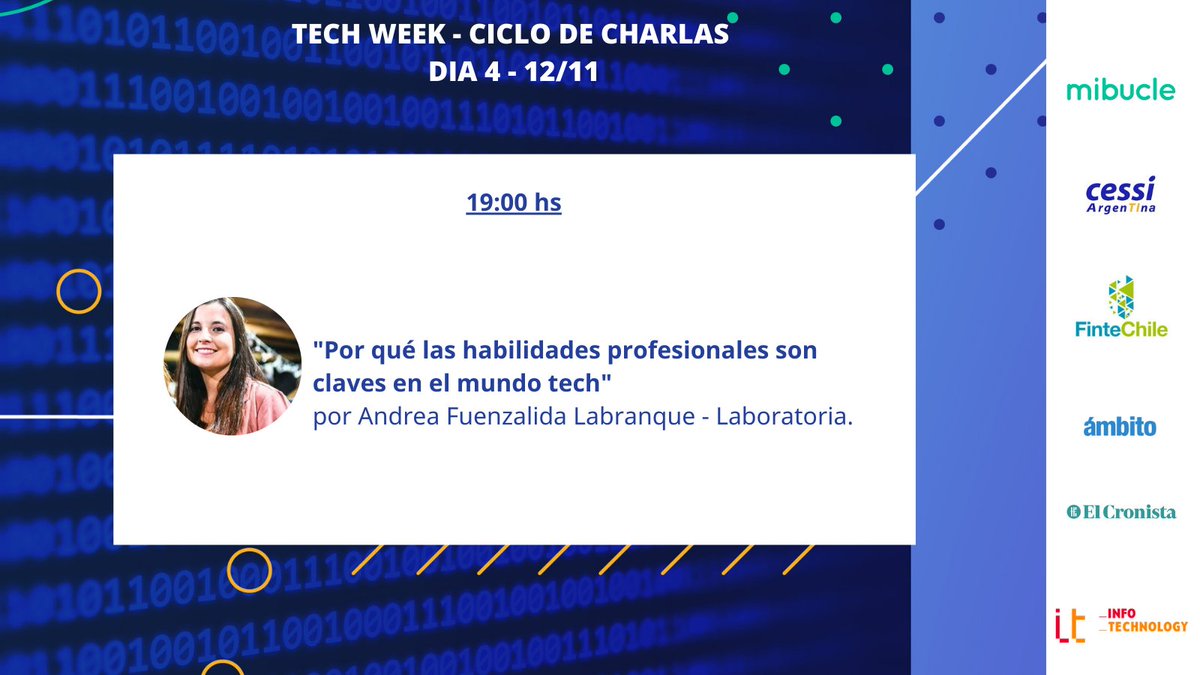 mibuclecom's tweet photo. ⏰ ¡Y aquí vamos con la última charla del Día 4 de nuestra #Techweek2020! Ya arranca Andrea Fuenzalida Labranque de @Laboratoriala mírala en vivo 🔗 : https://t.co/0iQygiuOFK https://t.co/KkcOBVCYAr