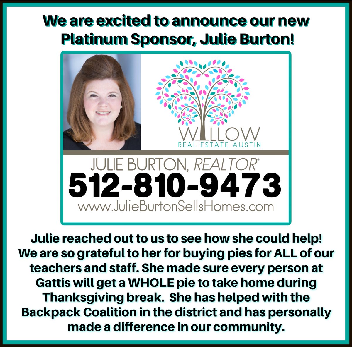 Gattis PTA (@gattisgatorspta) on Twitter photo Julie Burton is our newest Platinum Sponsor! Julie came to us & said "How can I help?" This is what community looks like. Please thank her and let her know if you have any real estate needs. #SupportLocal #WeRiseByLiftingOthers #GattisGators <a href="/GattisRRISD/">GattisRRISD</a> #rrisd1family #roundrock Julie Burton is our newest Platinum Sponsor! Julie came to us & said "How can I help?" This is what community looks like. Please thank her and let her know if you have any real estate needs. #SupportLocal #WeRiseByLiftingOthers #GattisGators <a href="/GattisRRISD/">GattisRRISD</a> #rrisd1family #roundrock