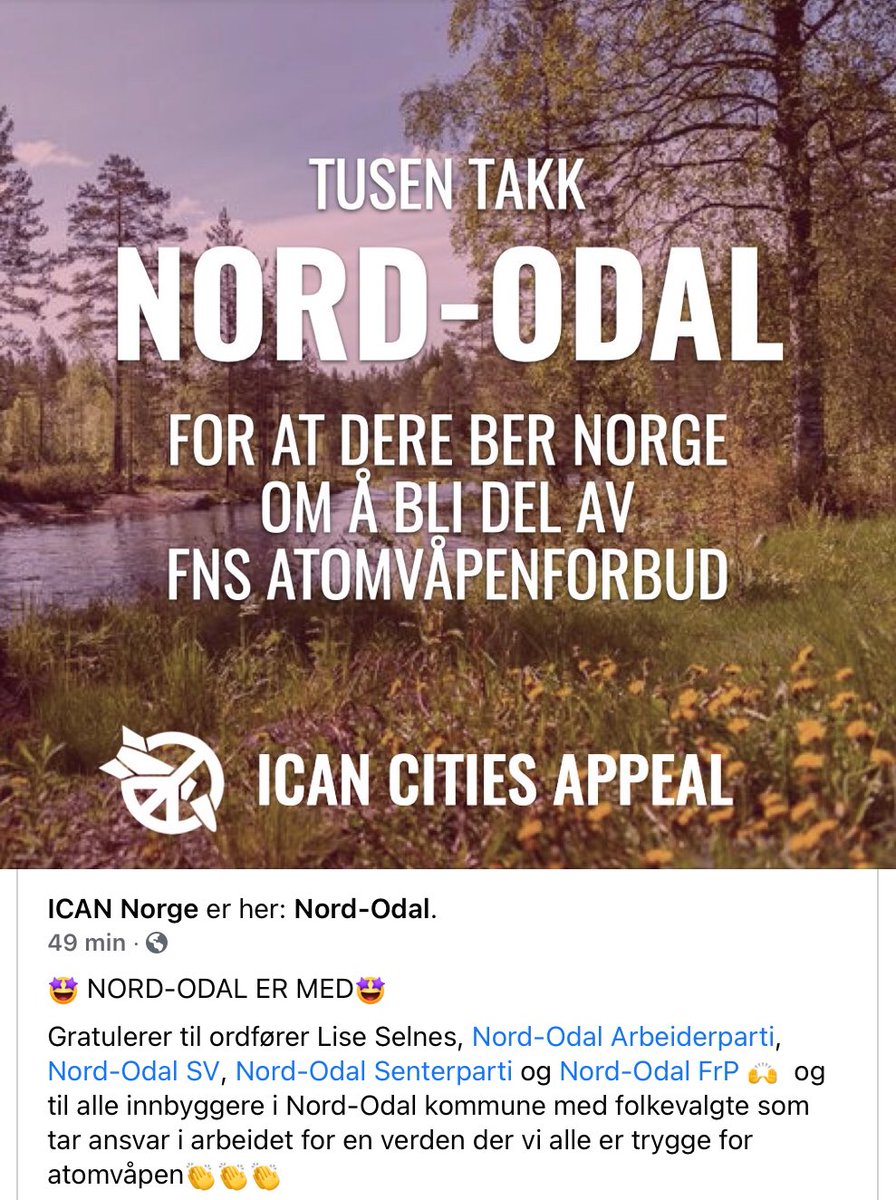 Cuervo3's tweet photo. Nord-Odal viser vei! #AtomvåpenForbud ⁦

⁦@ICAN_Norge⁩ ⁦@nuclearban⁩ ⁦@NeitilAtomvapen⁩ ⁦@ntabergen⁩ ⁦@tuvakw⁩ ⁦@GretheOstern⁩ ⁦@HenrietteKWesth⁩ ⁦@norskfolkehjelp⁩ ⁦@Asekari⁩ ⁦@stigaasheim⁩ ⁦@NordOdalkommune⁩ https://t.co/ojfxHqzHhW
