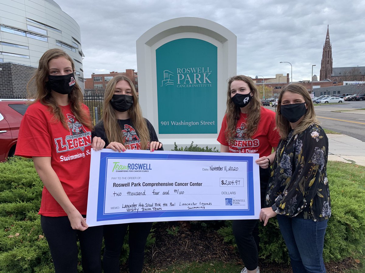 LHSGirlsSwim's tweet photo. Our annual "Pink the Pool" Fundraiser on October 16 raised over $2000 for Roswell Park Cancer Institute Breast Cancer Research. Captains Jillian Suhr, Katie Wilkowski &amp; Amelia Powers presented the team donation yesterday to Roswell Park. https://t.co/ibQGmVe3Y9