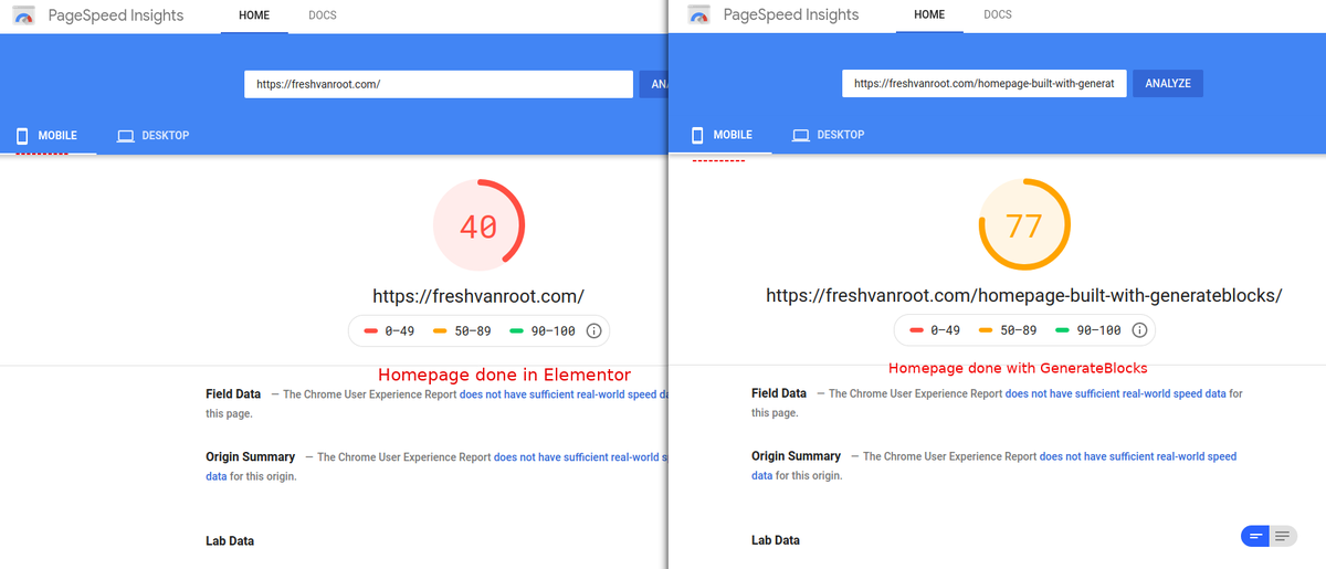 rolfvanroot's tweet photo. I recreated the homepage of @freshvanroot with #GenerateBlocks by @GeneratePress & the page performs better both on mobile/desktop on Google's pagespeed test without any further changes (same WordPress site)
Mobile: +37
Desktop: +5
Current homepage is done with #Elementor
1/4 https://t.co/249jVKSmMp