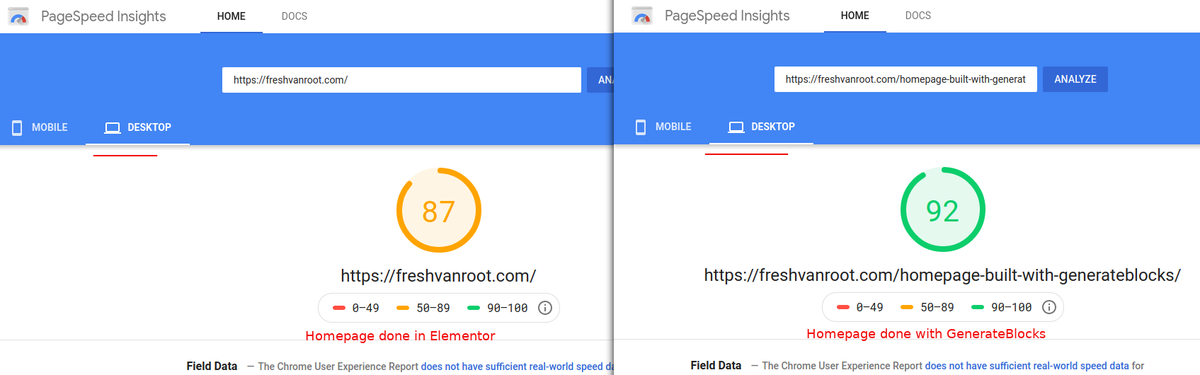 rolfvanroot's tweet photo. I recreated the homepage of @freshvanroot with #GenerateBlocks by @GeneratePress & the page performs better both on mobile/desktop on Google's pagespeed test without any further changes (same WordPress site)
Mobile: +37
Desktop: +5
Current homepage is done with #Elementor
1/4 https://t.co/249jVKSmMp