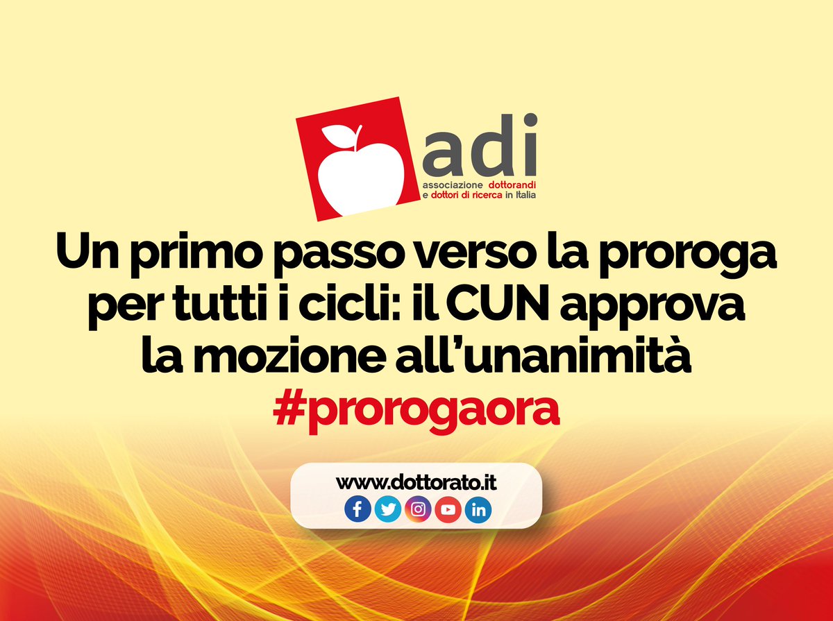 ADIPhD's tweet photo. Il @ConsUnivNaz ha approvato all’unanimità mozione promossa da @naglierioff sulla proroga di 6 mesi per il 33° ciclo e fino a 12 mesi per 34° e 35°, valutando le misure per il 36°, ribadendo le richieste dell’ADI a @GiuseppeConteIT, @manfredi_min e @gualtierieurope. #prorogaora https://t.co/kfJDnlwf7u