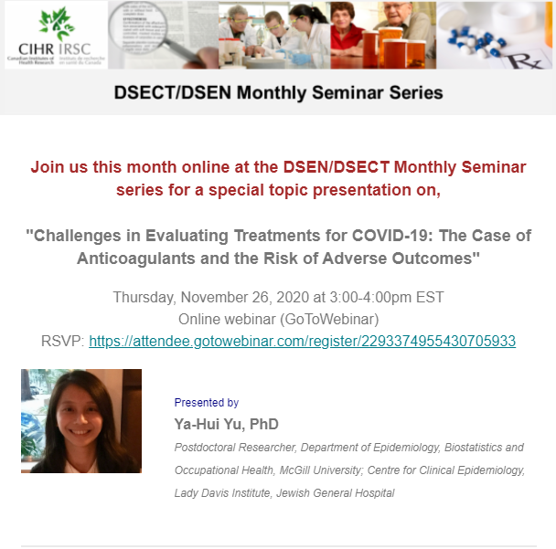 Join us online this month (11/26/20 3pm EST) at the DSECT/DSEN Monthly Seminar Series where Dr. Ya-Hui Yu will be talking about 'Challenges in Evaluating treatments for COVID-19' bit.ly/2UkKMrV