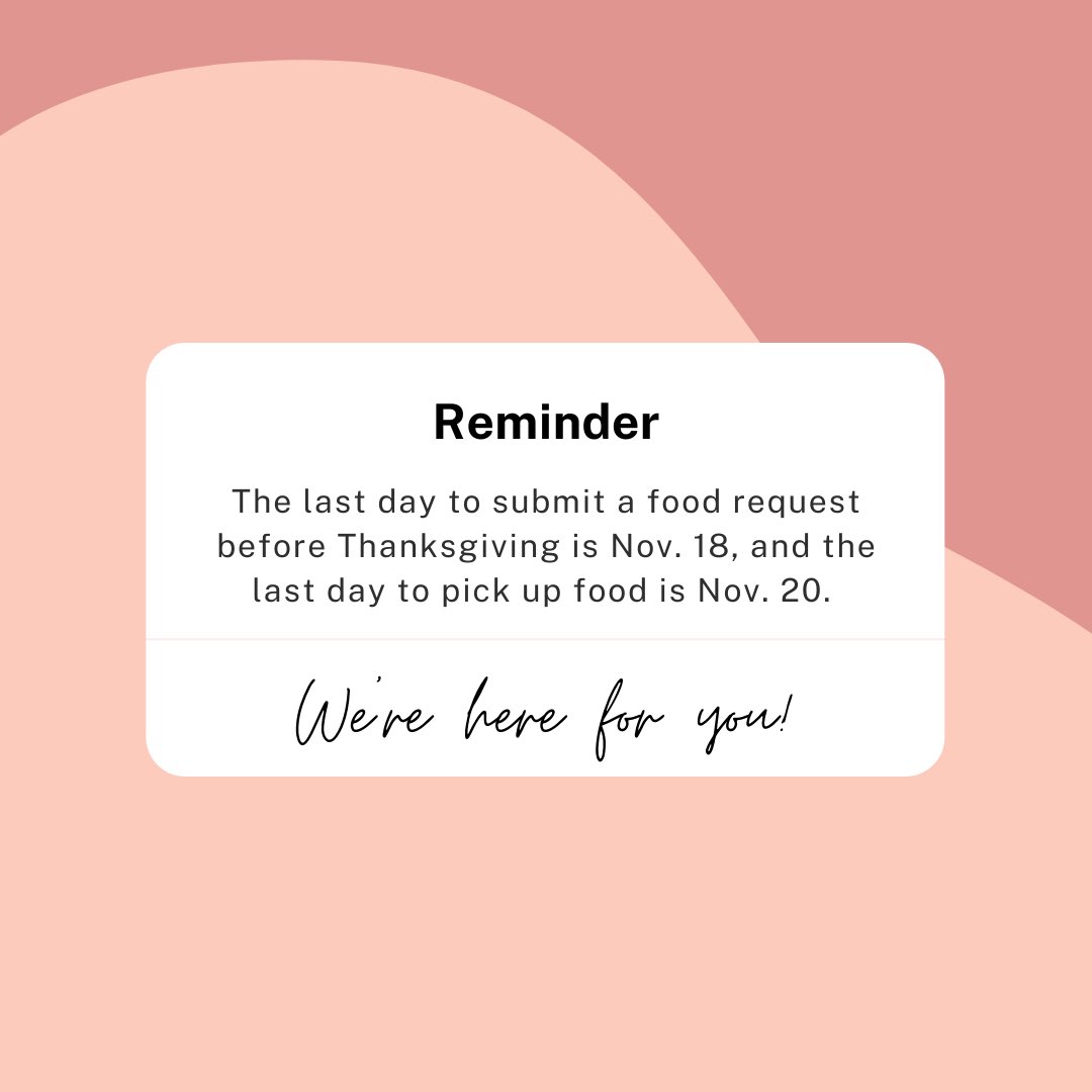 We will be close Nov. 23-27 for Thanksgiving. Be sure to get your food request in and pick it up before the break! #abucnevergoeshungry