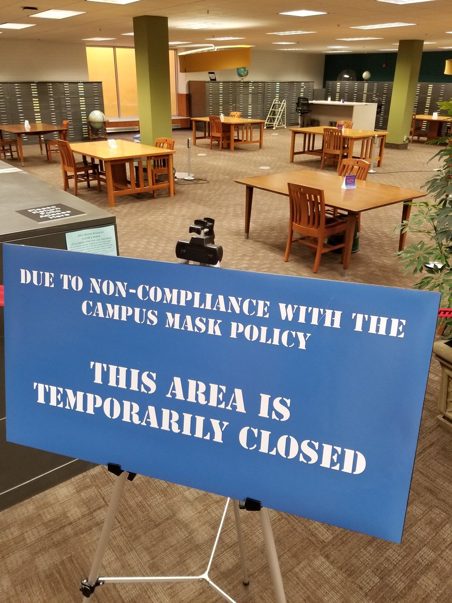 byu_hbll's tweet photo. Thank you to all the students wearing masks. Most of you are really helping. I've found a few places where people think they don't need a mask. From now on I'll be closing areas for the day where people aren't following the university policy. https://t.co/7I9K7xL5ZR