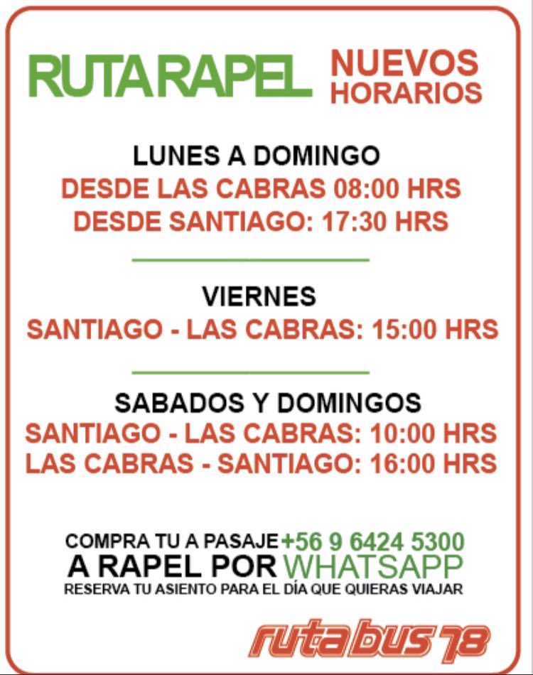 ruta_bus78's tweet photo. ⚠️HORARIOS PARA LAGO RAPEL⚠️ que este fin de semana estará con un lindo sol y el lago arriba. https://t.co/9zDi6VjKsB