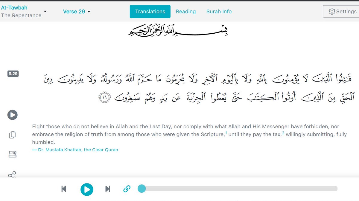 2/n Muhammad was not that powerful when the tolerant 2.256 was revealed. But by the time when 9th Sura came, Muhammad had abundant power.And the very Sura explicitly calls for forced conversion and jizya. Read 9.29 in snippet.