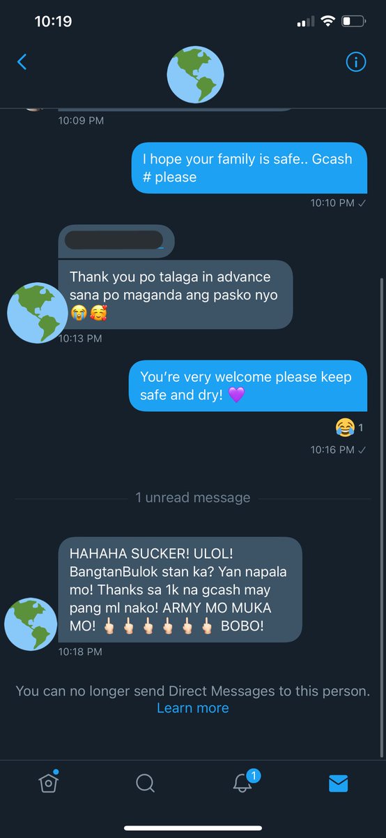 princessbclaire's tweet photo. @gcashofficial Can we report a scammer who used your gcash app to get the 1k donation in kind my cousin sent?? This is so wrong. I hope you can investigate and cut him from gcash. That 1k could have help someone else that needs it! https://t.co/LN4rA3HJzG