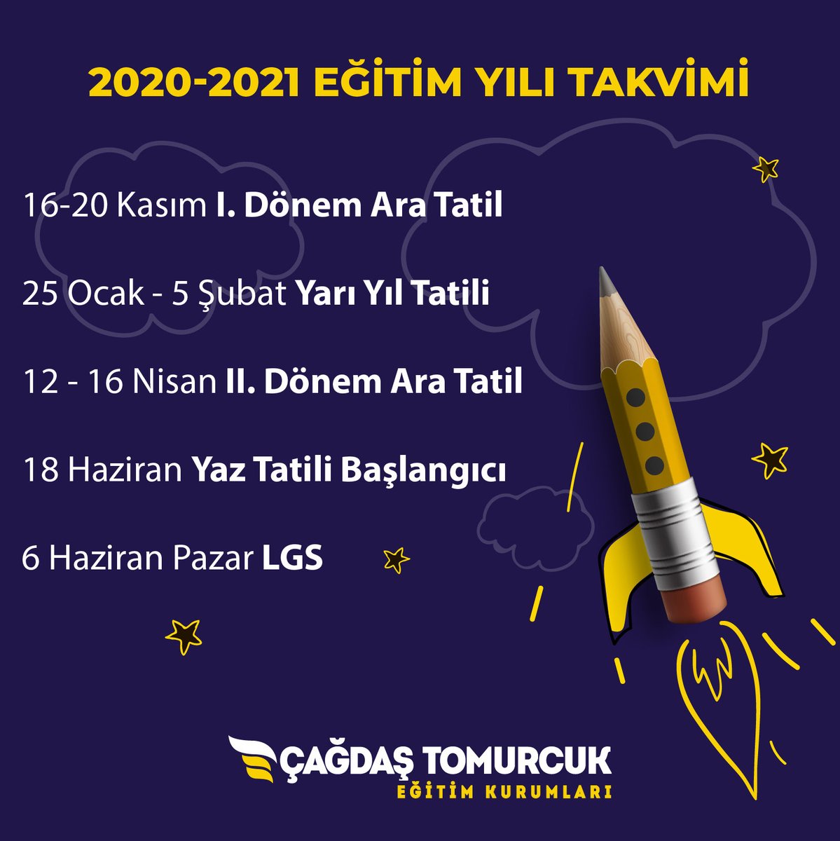 EgitimTomurcuk's tweet photo. 2020-2021 Eğitim Öğretim Yılı Tatil Takvimi 🔔

#çağdaştomurcukeğitim #özelokul #kolej #üniversitehazırlık #yks2021 #tyt2021 #2021tatil #aratatil https://t.co/rKvdHc7FtS