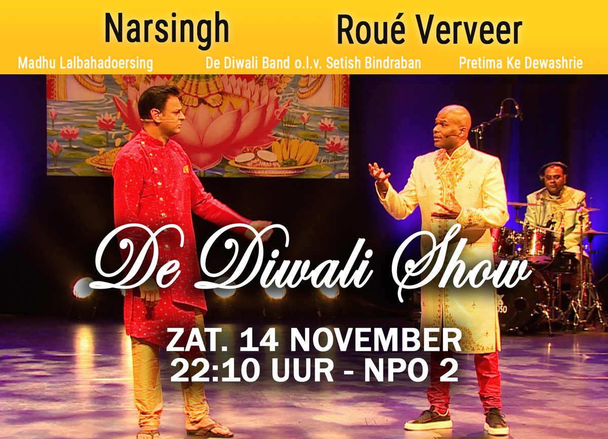 De Diwali Show in het theater kon helaas niet doorgaan i.v.m. de Coronamaatregelen, maar we hebben er een hele mooie en leuke tv-show van gemaakt! Kijk aanstaande zaterdag (14 nov) om 22:10u naar De Diwali Show met <a href="/roueverveer/">Roué Verveer</a> en @Nars1ngh op NPO 2!