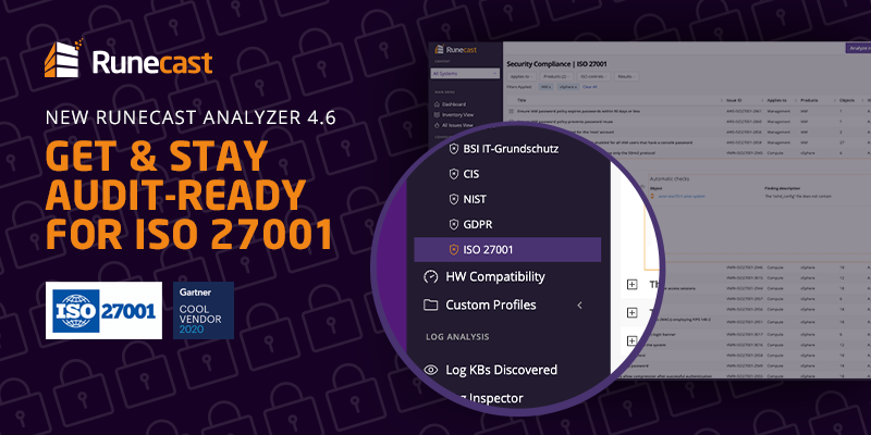 Runecast's tweet photo. New! Runecast Analyzer introduces automated compliance auditing for #ISO27001 – the no. 1 requested standard by our customers! See if your #VMware & #AWS meet the standards and be audit-ready all the time.
https://t.co/Zr3OHsevrn https://t.co/o9UktK4YCA