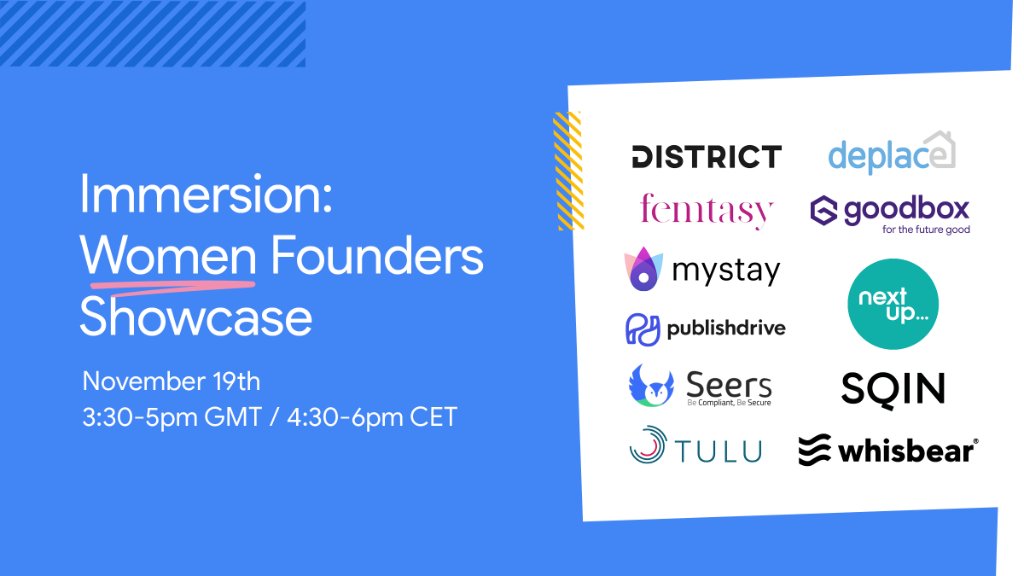 Google for Startups (@googlestartups) on Twitter photo Save the date for #WomensEntrepreneurshipDay! Join us next Thursday for the Immersion: Women Founders Showcase to hear the current cohort’s #startup pitches, as well as from our Director <a href="/AgniBieniek/">Agni Bieniek</a> and serial entrepreneur <a href="/karolihindriks/">Karoli Hindriks</a>.
RSVP here → goo.gle/3nfQSWZ Save the date for #WomensEntrepreneurshipDay! Join us next Thursday for the Immersion: Women Founders Showcase to hear the current cohort’s #startup pitches, as well as from our Director <a href="/AgniBieniek/">Agni Bieniek</a> and serial entrepreneur <a href="/karolihindriks/">Karoli Hindriks</a>.
RSVP here → goo.gle/3nfQSWZ