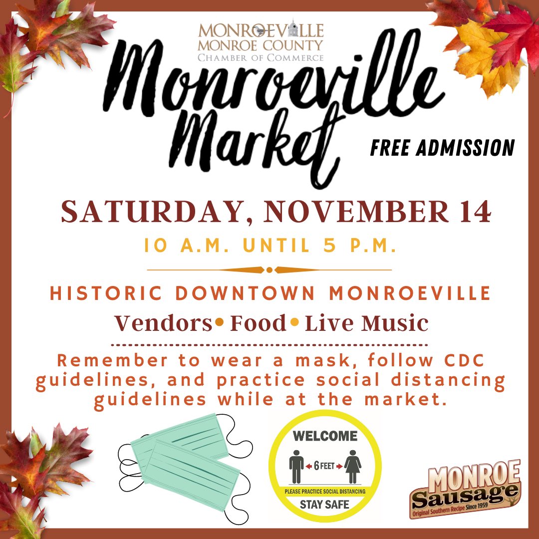 The Monroeville Market is almost here! We can’t wait to see you Sat.from 10-5 in downtown Monroeville. Please remember to wear a mask, practice social distancing and follow CDC guidelines while at the Market. For a full list of vendors at the market, visit monroecountyal.com
