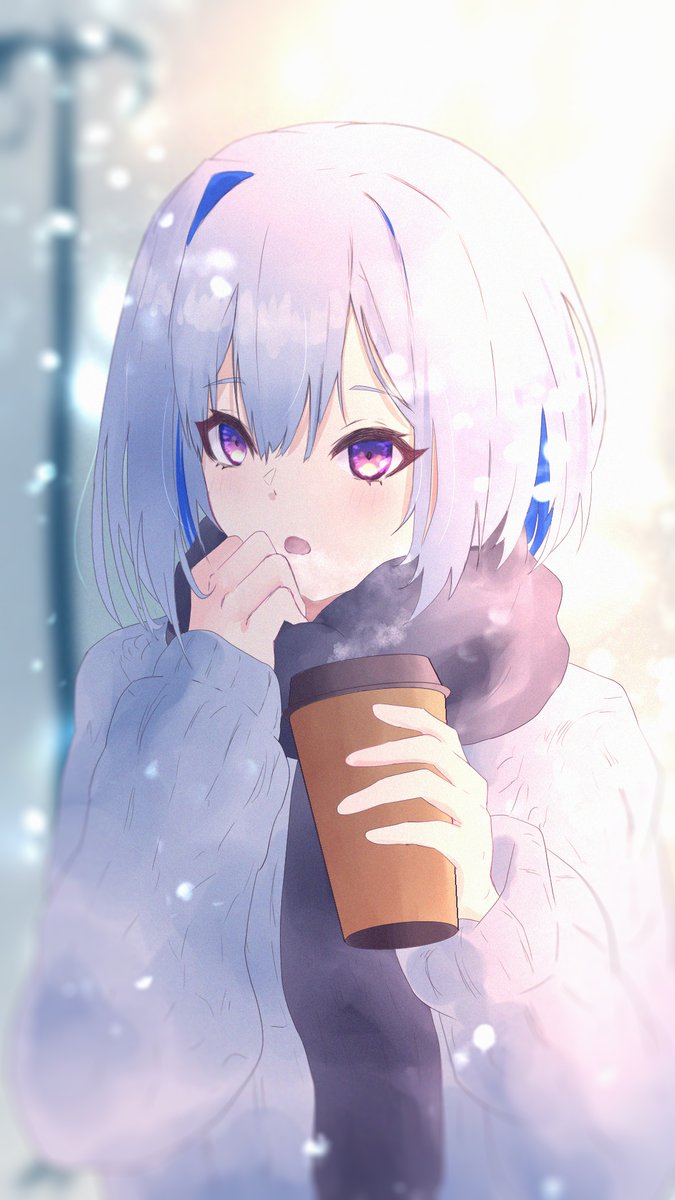 amane kanata 1girl solo purple eyes cup sweater scarf disposable cup  illustration images