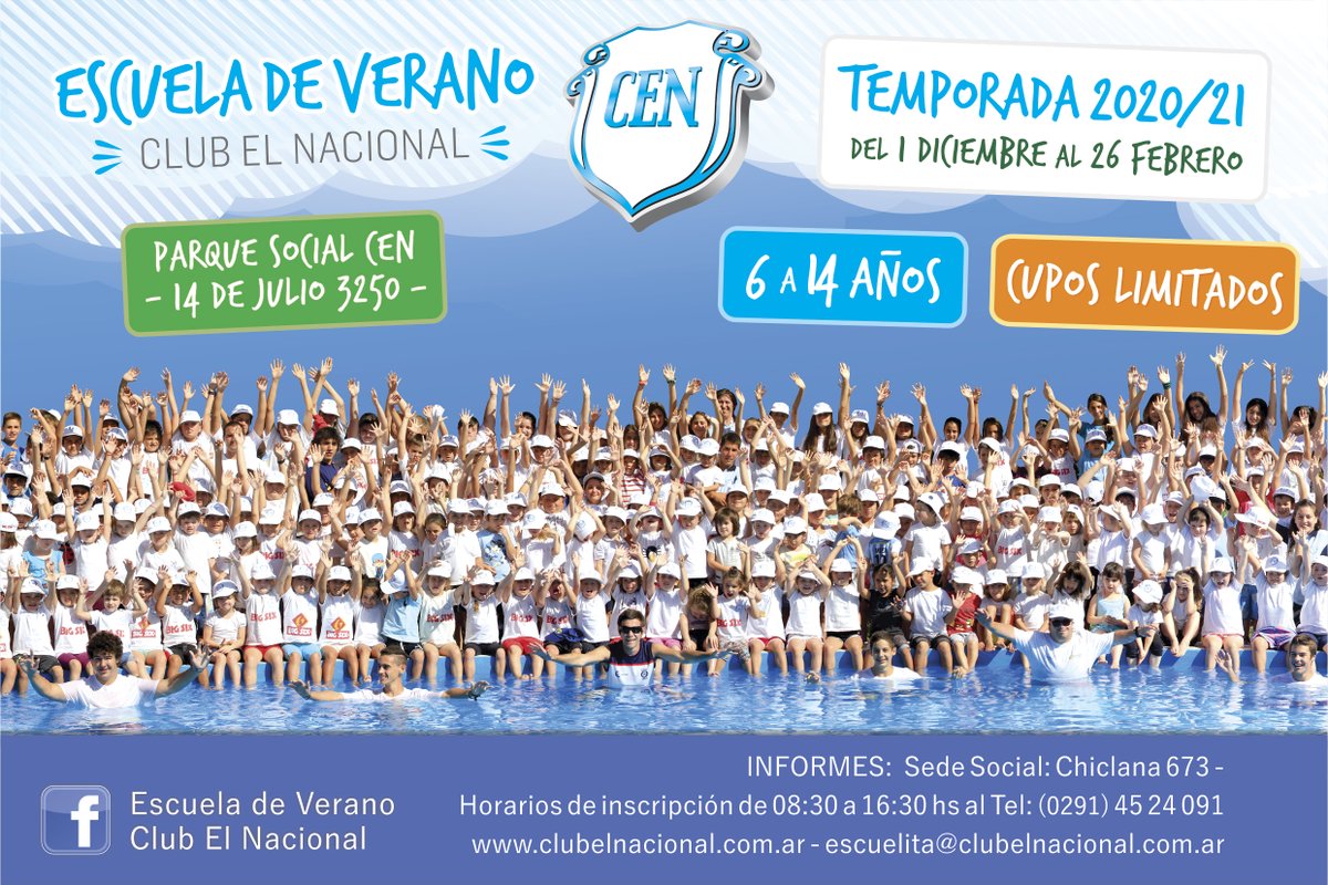 ATENCIÓN COLONIA CEN
Inscripción: socios y matriculados temp. (2019/2020) a partir 13/11/20
Nuevos ingresos a partir del 20/11/20

La modalidad y protocolos q utilizaremos Xa el máximo cuidado de lxs chicxs serán los vigentes al momento de apertura según indique el Municipio.