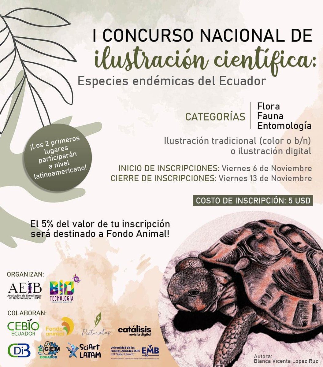 DeAeib's tweet photo. 🦚¿Te gusta la ciencia y el arte? 📢
✨¡Esta es tu oportunidad! Te invitamos a participar al I Concurso de ilustración científica (EC) 
La propuesta de ilustración científica está centrada en Especies endémicas del Ecuador 
 🌱Flora 
 🐻 Fauna 
 🐞Entomología https://t.co/bKvEMEQqqD