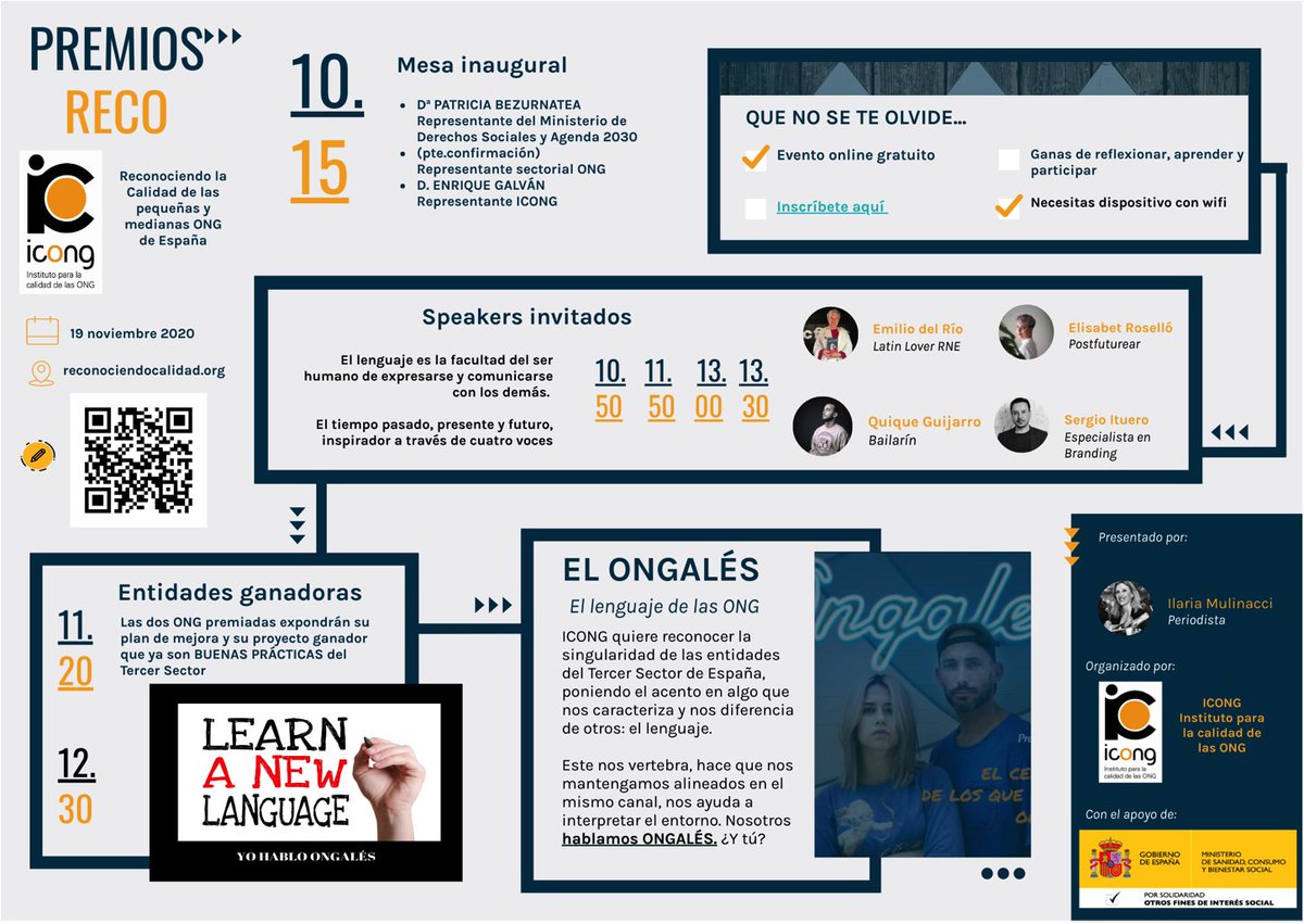 PlataformadeONG's tweet photo. 📢📢 @ICONG_CALIDAD te invita al evento online de los #PremiosRECO
🗓️19 de noviembre
⏲️10:00 a 13:30 horas
👉INSCRIPCIÓN ➡ https://t.co/BoFVumOMlU
#HablamosOngales #Reconociendocalidad https://t.co/8yRNgbsBKC https://t.co/TOgWJiXnKl https://t.co/UtkwO3Szb0