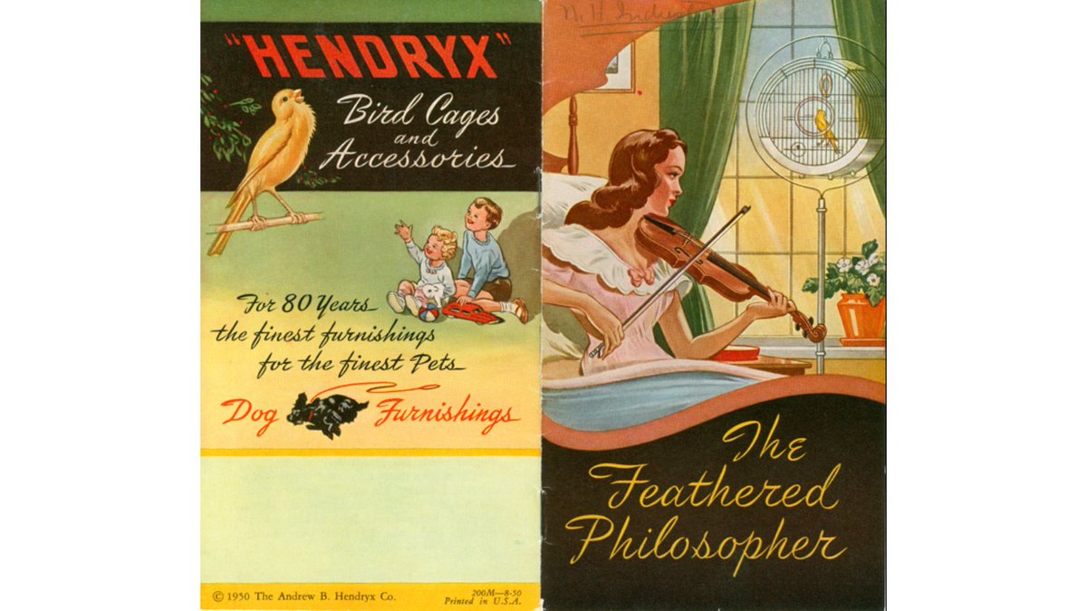NHFPL's tweet photo. #tbt The Andrew B. Hendryx Company, incorporated in 1889, manufactured #birdcages at 82 Audubon Street. Here is the front &amp; back cover of their 1950 brochure, from our #NewHaven Industries #VerticalFiles https://t.co/5jS6OjmC4c