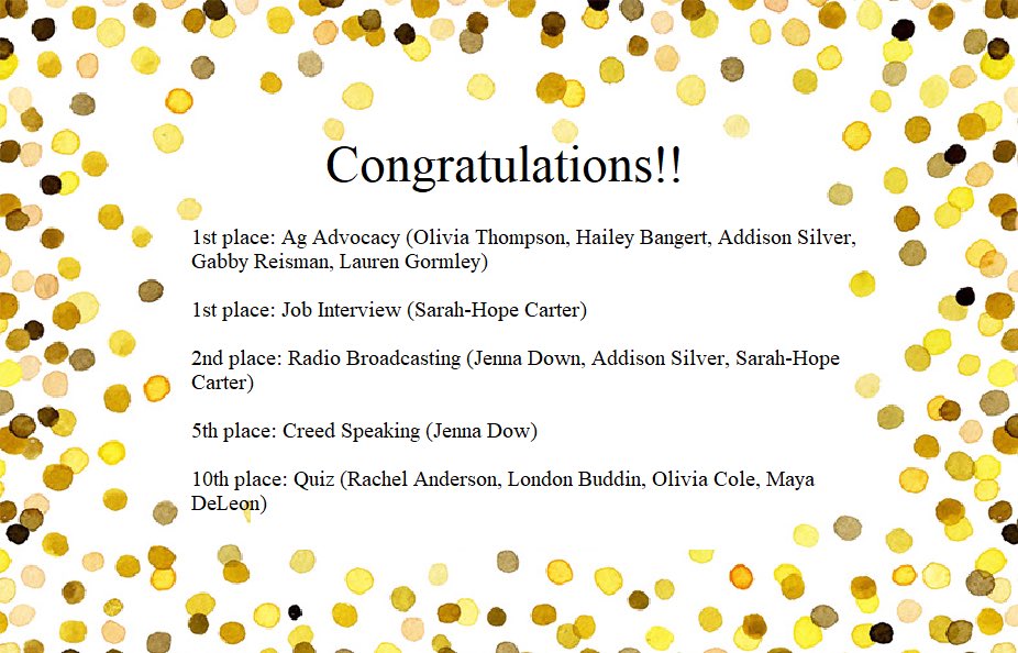 Congratulations to everyone who competed in our Leadership Development Event yesterday!! Congratulations to the Advocacy team, Radio team, and Job Interview for advancing to Area. Good luck!! #ltffa <a href="/TexasFFA/">Texas FFA</a> <a href="/LakeTravisHS/">LT High School</a>