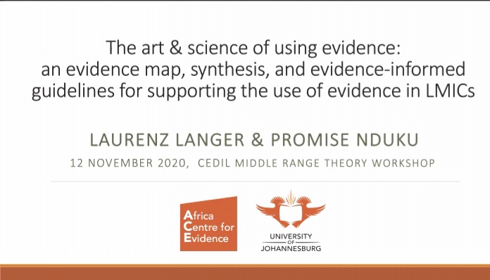 ndukup1's tweet photo. Our very own @Laurenz_ml on "What works to inform decision making with evidence?" The why and what we are doing about it through the #co-production approach. To ACEing it! @CEDILProgramme @FCDOResearch @Involve_FP @CampbellUKIRE @ACE_UJ #Evaluation #MiddleRangeTheory https://t.co/tNNfpVVSIl