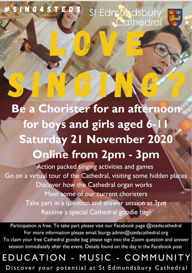stedscath's tweet photo. Love singing? Have a go at being a chorister for the afternoon on Saturday 21 November at 2 pm. 
https://t.co/XsbYz2VKik 
https://t.co/gE9jTbMqb4
#SING4STEDS #cathedral #singing #ChurchOfEngland https://t.co/tGiaxohLkz