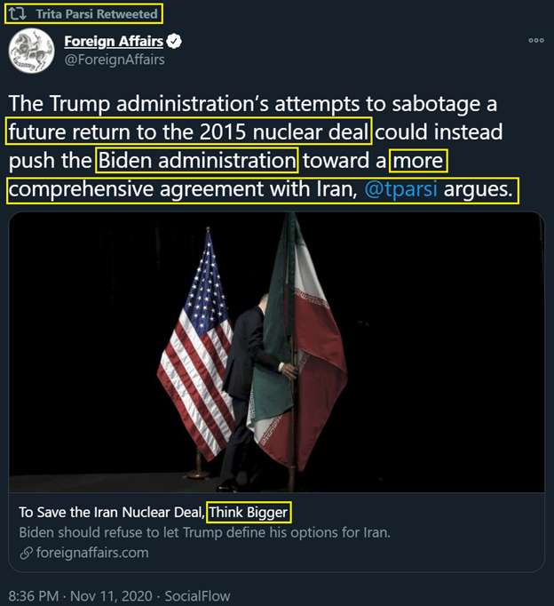 THREAD1) #Iran apologist/lobbyist  @tparsi—founder of Iran lobby group  @NIACouncil—is pushing the talking point of U.S. elections being over & seeking a full-throttle appeasement of the genocidal regime in Tehran far beyond the Obama 2015 nuclear deal.