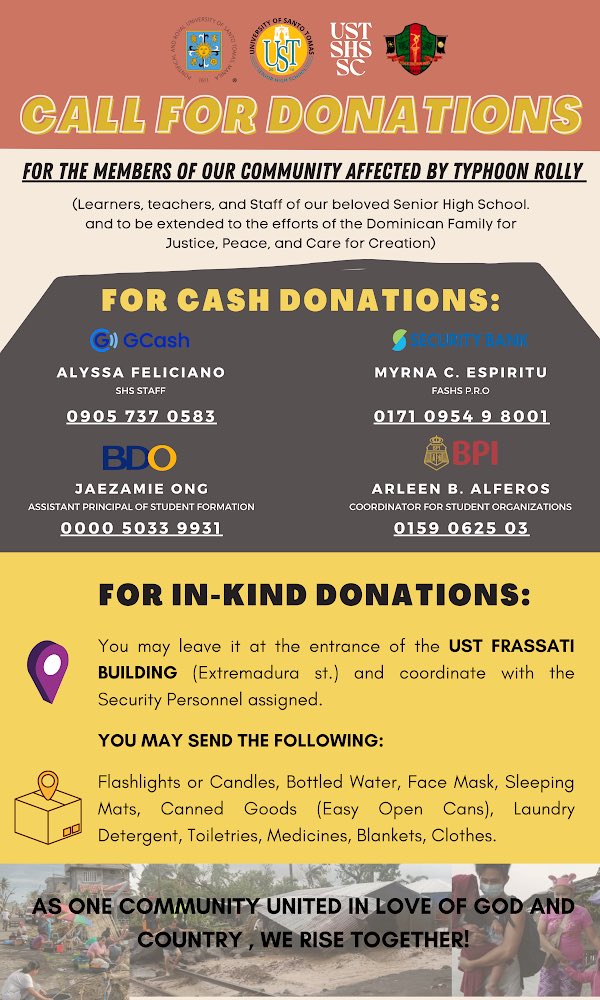 ustshspessoc's tweet photo. "Calling all Thomasians ! Our fellow members of the community are in need of your help. Let’s do what we can do. These are the hotlines for donations” https://t.co/4L0F0ZzskL