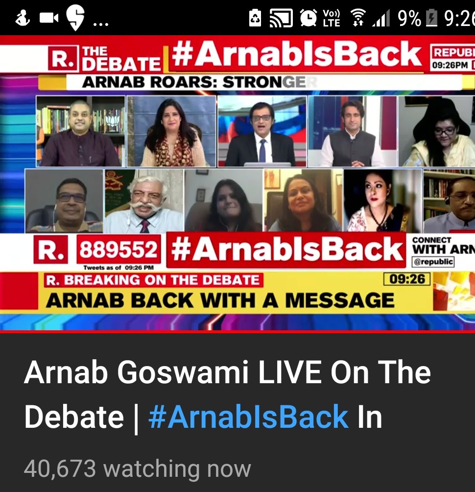 Rosy on Twitter: "Arnab Goswami vs Rajat Sharma at 9pm PRIME SLOT -  @republic 40k watching Arnab Live while Rajat's India TV 19k watching.  Shows why Rajat hates Arnab so much #ArnabIsBack #